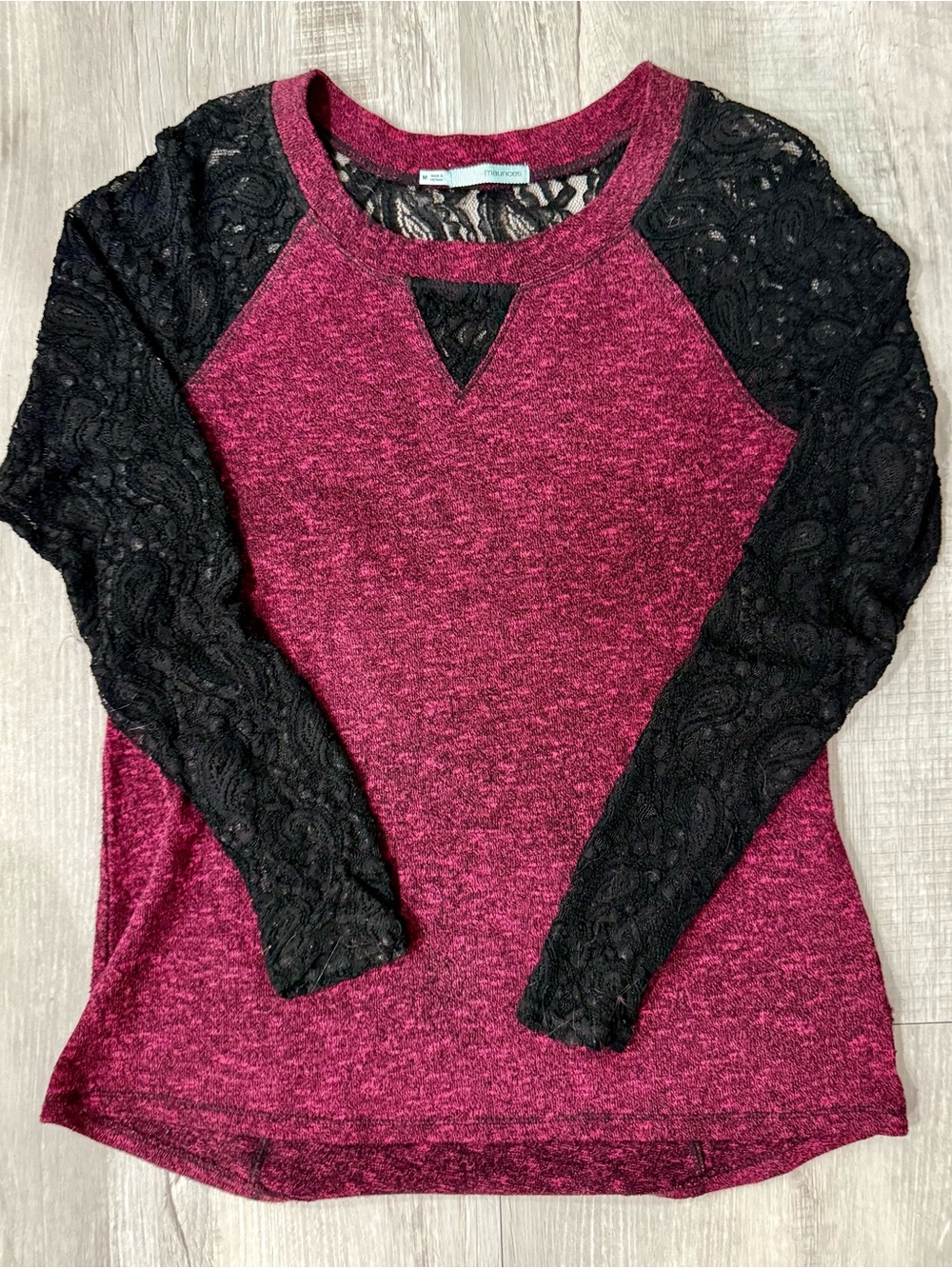Maurices Burgundy Knit Top with Black Lace Sleeves and back